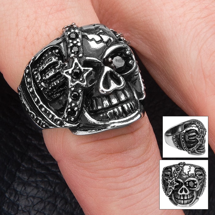Skull with Black Jeweled Eyepatch Stainless Steel Ring - Sizes 8-11