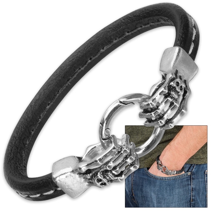 Skeleton Hands Black Leather Bracelet
