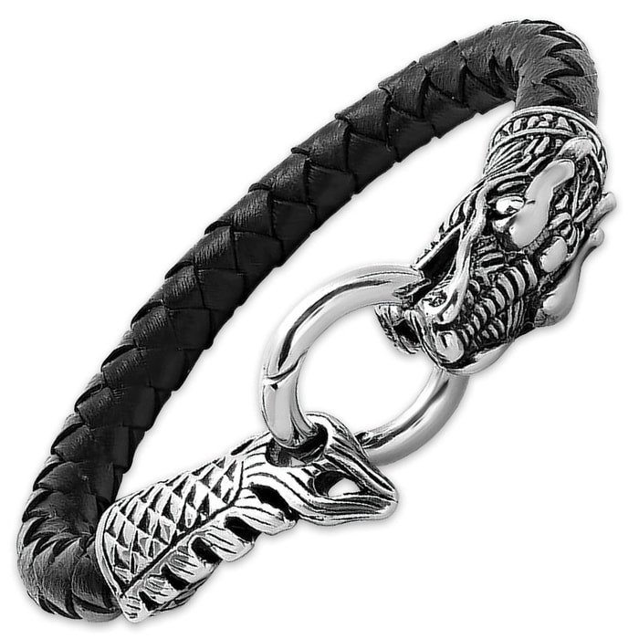 Black Leather Braid Bracelet With Dragon