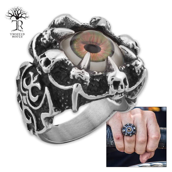 "Oculus" - Hazel Eye Ringed by Claws  - Men's Stainless Steel Ring - Sizes 9-12