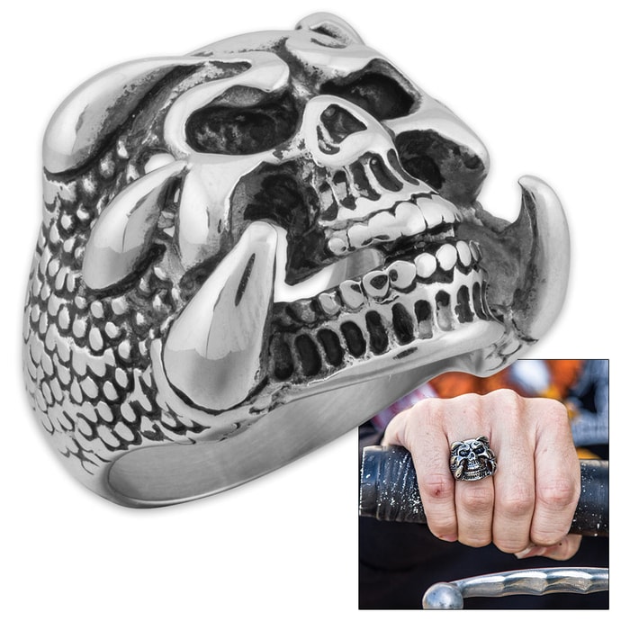 "Reptiphobia" - Scaly Clawed Hands Grasp Skull - Men's Stainless Steel Ring - Sizes 9-12