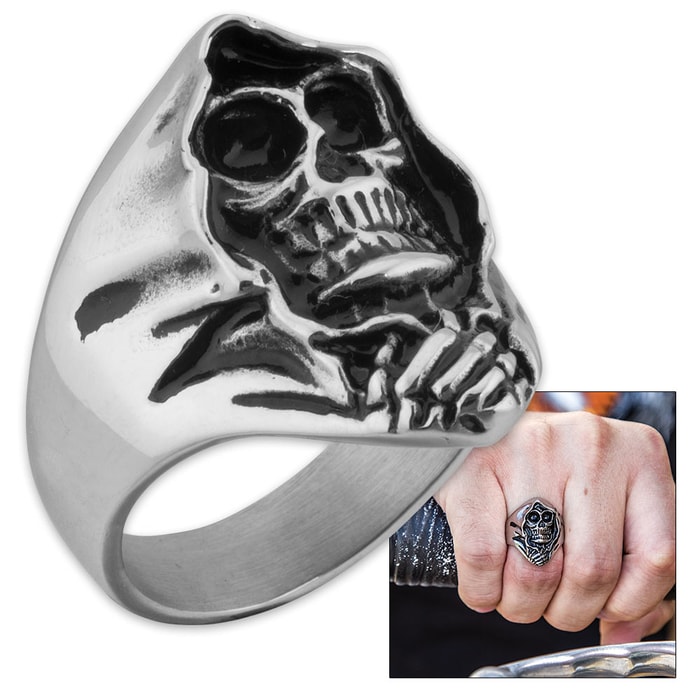 "Angel of Death" / Grim Reaper Skull Men's Stainless Steel Ring - Sizes 9-12