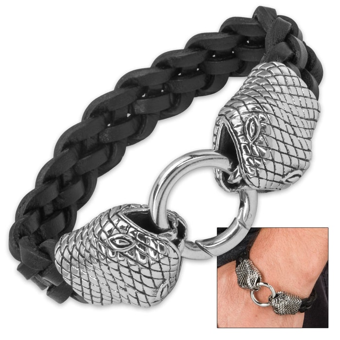 Amphisbaena - Braided Black Leather and Stainless Steel Snake Heads Bracelet