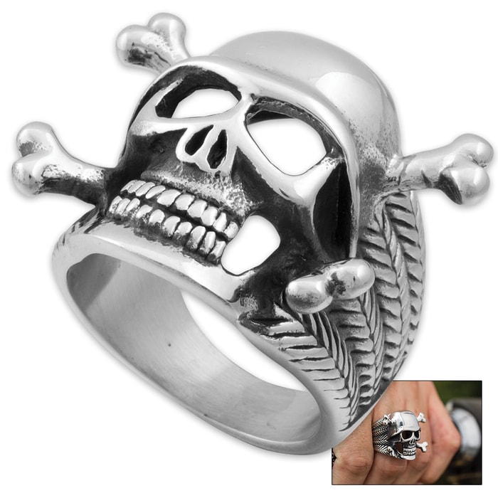 GI Bones Stainless Steel Men's Ring - Army Helmet on Skull and Crossbones