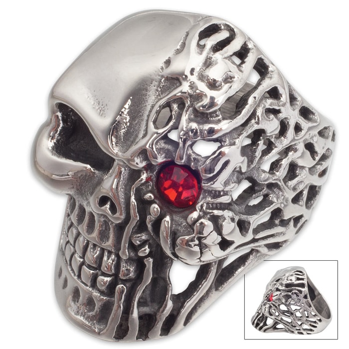 Cyborg Rage Stainless Steel Men's Ring - Half Human, Half Machine Skull with Red Jewel Accent