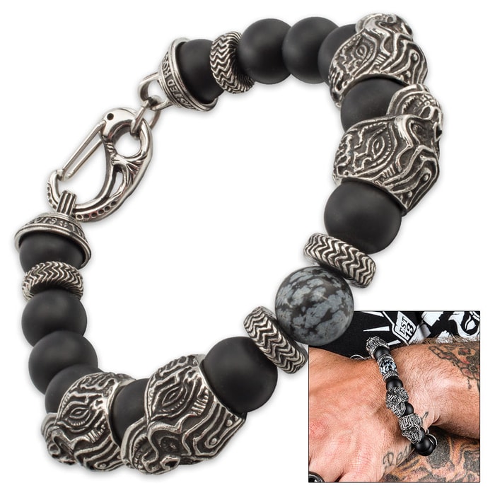 Xenolith by Twisted Roots - Bracelet with Snowflake Obsidian and Lava Beads; Stainless Steel Skulls