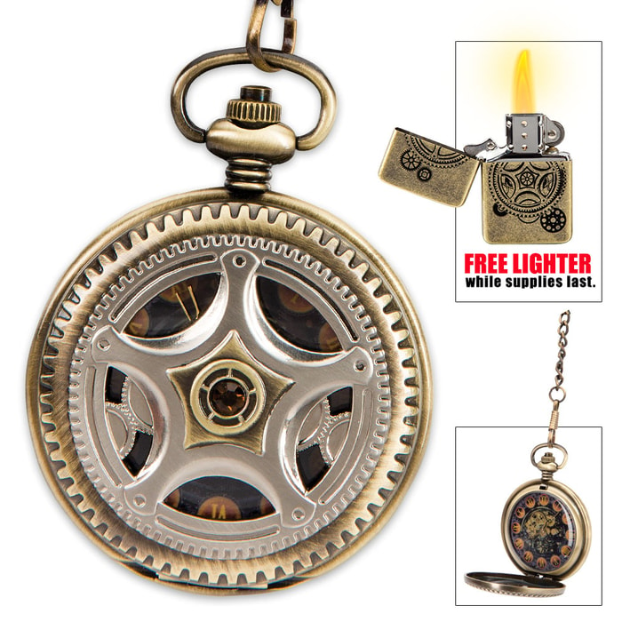 Kraken "Steam Aeterna" Timepiece - Exclusive Steampunk Pocket Watch in Gift Tin - Free Brass Lighter
