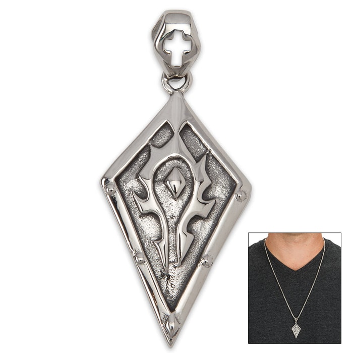 Diamond Shield with Celtic-Style Heraldic Flame Pendant on Classic Chain - Stainless Steel Necklace