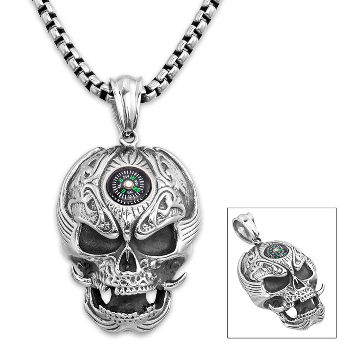 Embellished Compass Skull Pendant on Chain - Stainless Steel Necklace
