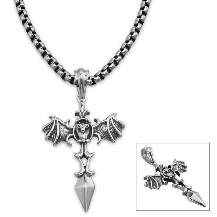 Bat Cross Pendant on Chain - Stainless Steel Necklace