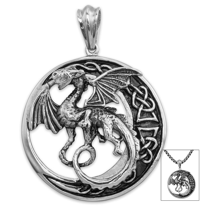 Celtic Dragon Pendant on Chain - Stainless Steel Necklace