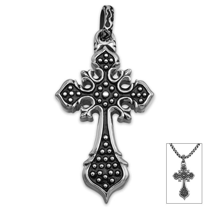 Studded Cross Pendant on Chain - Stainless Steel Necklace
