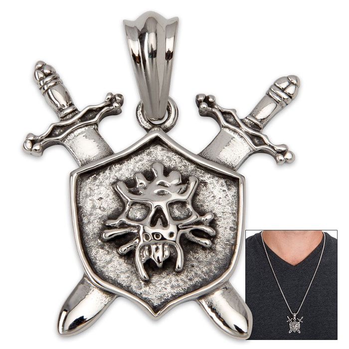 Ghoulish Skull Shield with Intersecting Swords Pendant on Classic Chain  - Stainless Steel Necklace