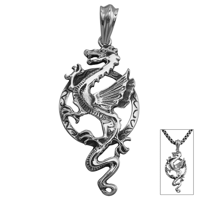 Winged Dragon Pendant on Chain - Stainless Steel Necklace
