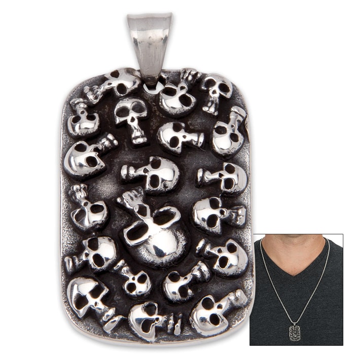 Stainless Steel Dogtag with Raised Skull Design on Ball Chain