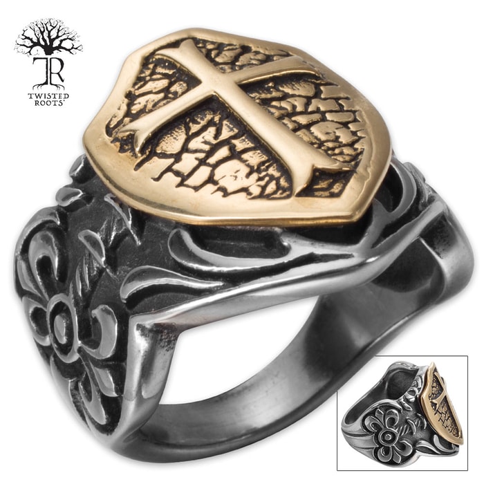 Twisted Roots Golden Shield Stainless Steel Men's Ring 