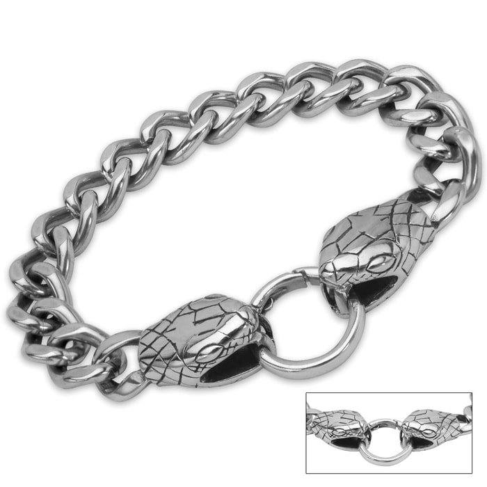Twin Viper Heads Stainless Steel Chain Link Bracelet