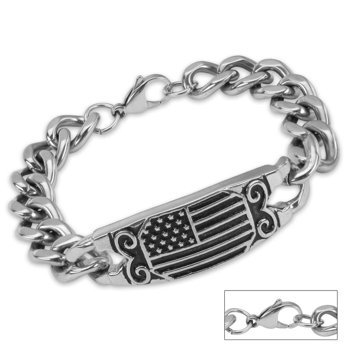 American Flag Stainless Steel Chain Link ID-Style Bracelet