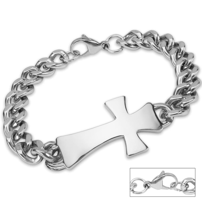 Cross Centerpiece Stainless Steel Chain Link Bracelet
