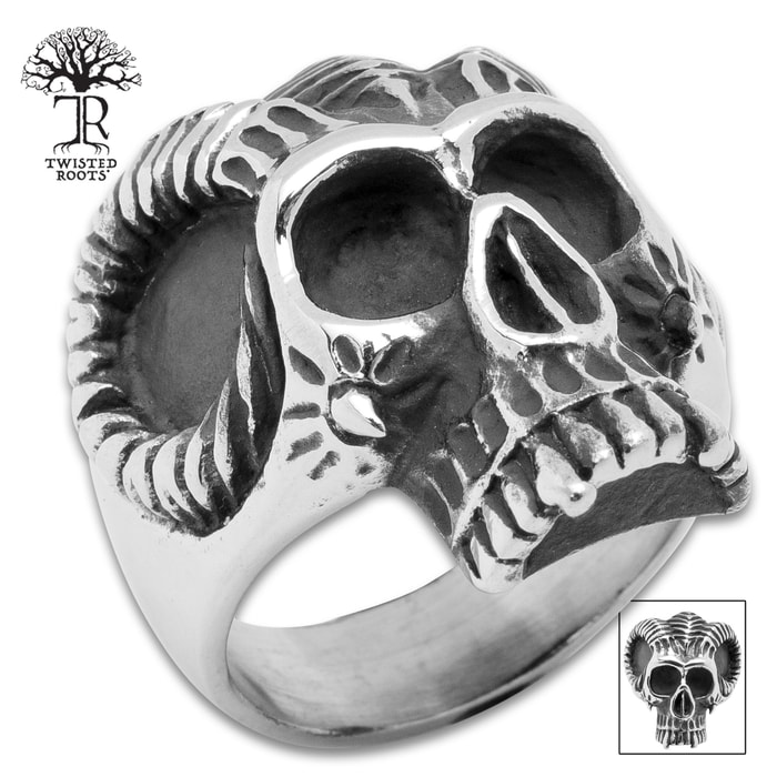 Twisted Roots Ram Horns Skull Ring