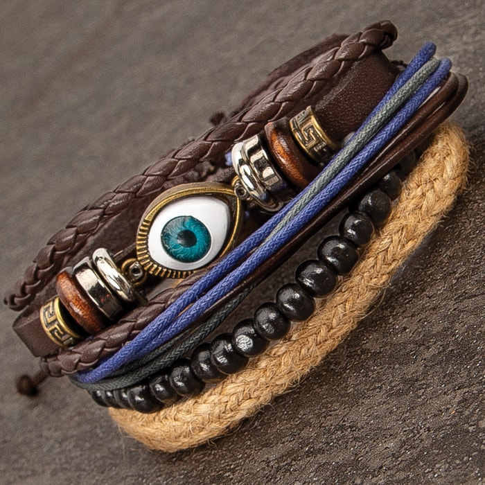 Inner Eye Stacked Bracelets - Set Of Four - Leather Thongs, Wooden Beads, Natural Jute, Metal Accents, Knot Slide Pulls