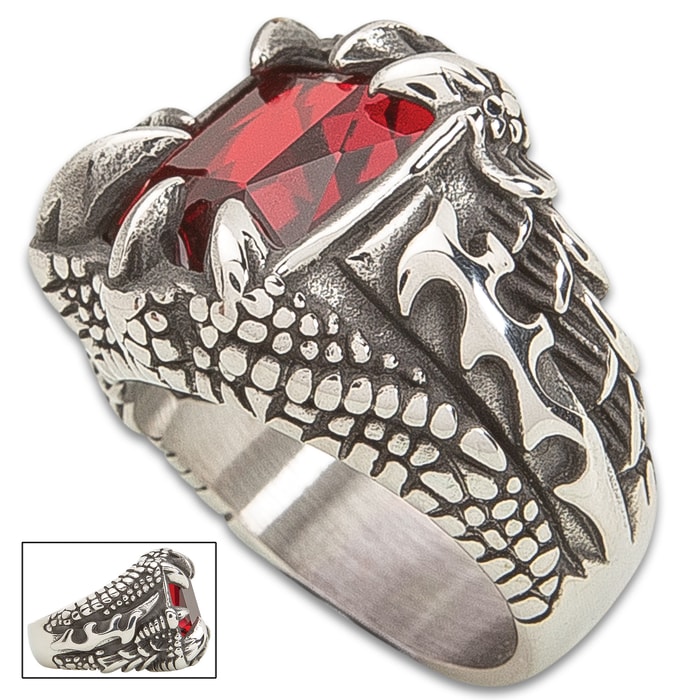 Dragon Claw Ruby Ring - Stainless Steel Construction, Faux Ruby, Remarkable Detail, Corrosion Resistant - Size 11