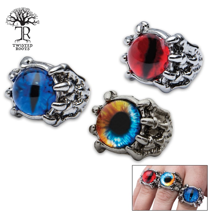 This set of hard-core Twisted Roots Three-Piece Adjustable Dragon Eye Rings are built to last