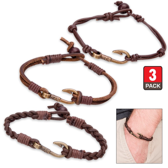 Antique Brass Fishhook and Leather Cord Adjustable Bracelet 3-Pack