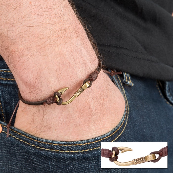 Antique Brass Fishhook and Leather Cord Adjustable Bracelet