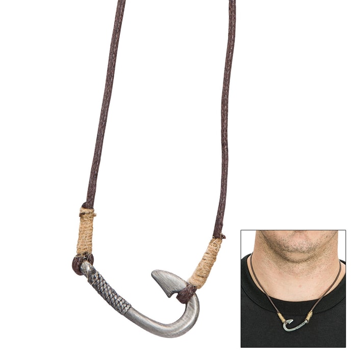 Rustic Sideways Fishhook on Brown Cord Necklace