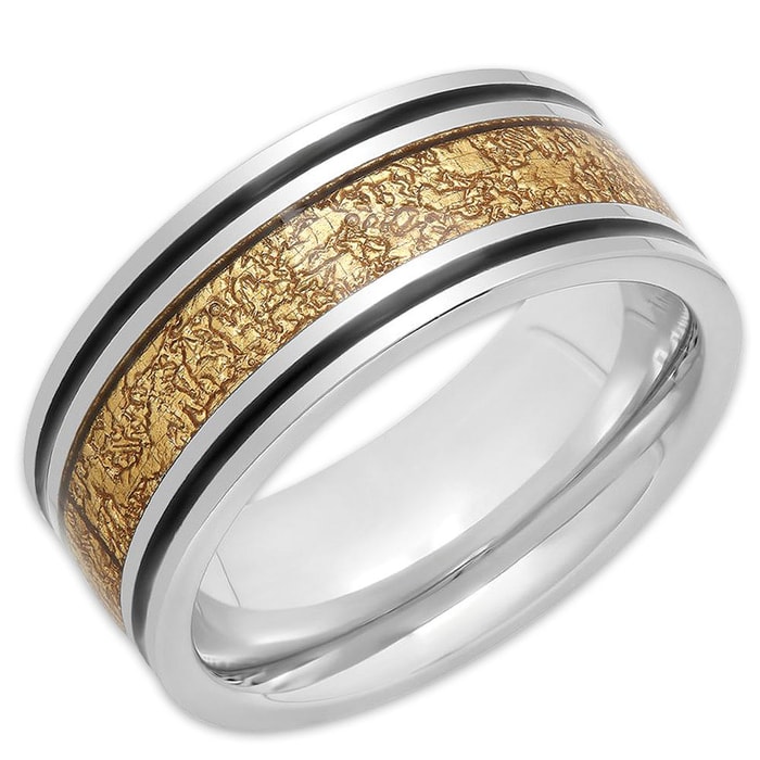 Men's 2-Tone Stainless Steel Ring - Black Enamel, 18k Gold Plated Accents