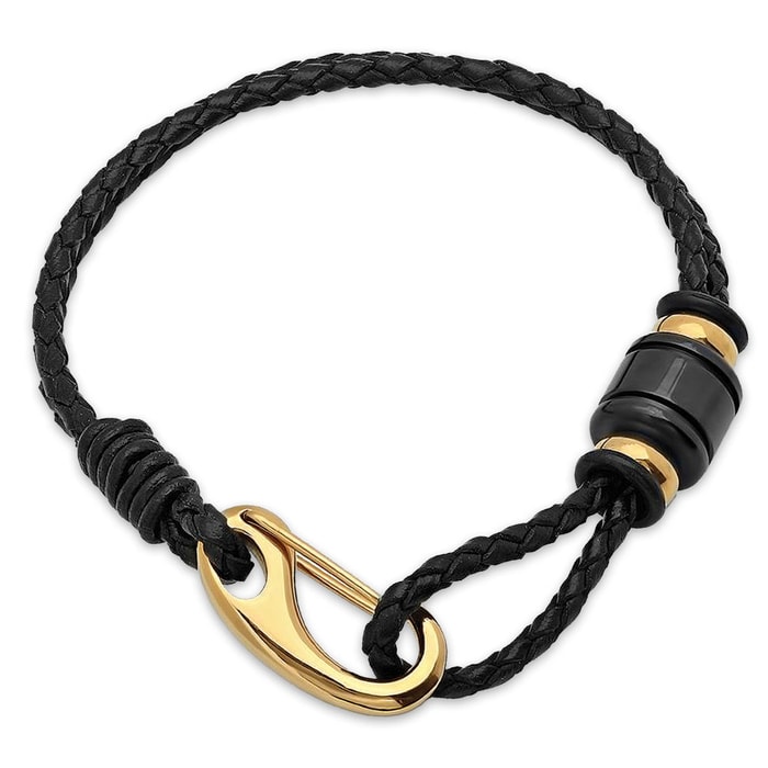 Black Genuine Leather Clasp Bracelet with Gold Accents