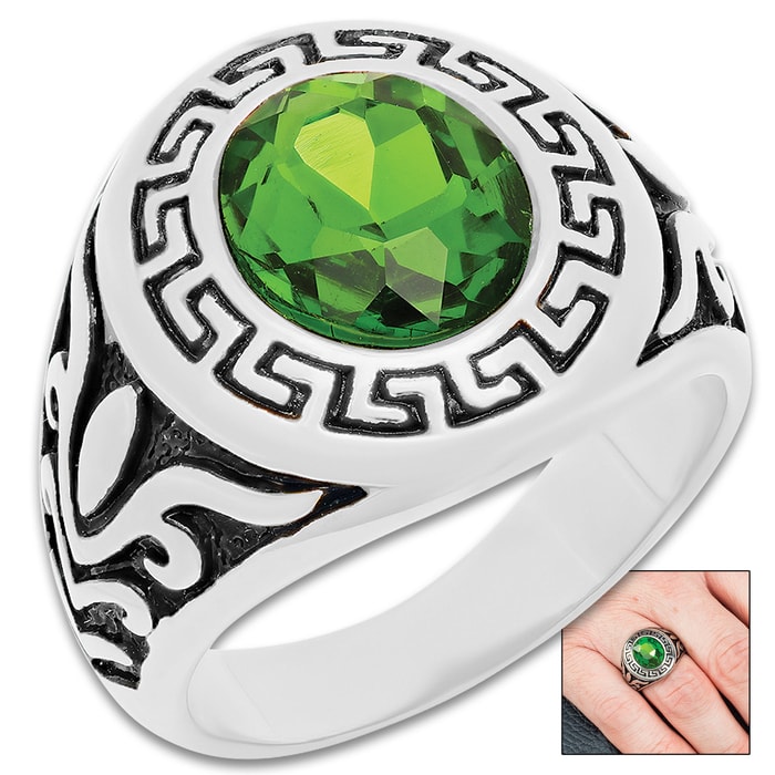 Men’s Greek Key Design And Simulated Green Diamond Ring - Stainless Steel Construction, Intricate Detail, Everyday Wear