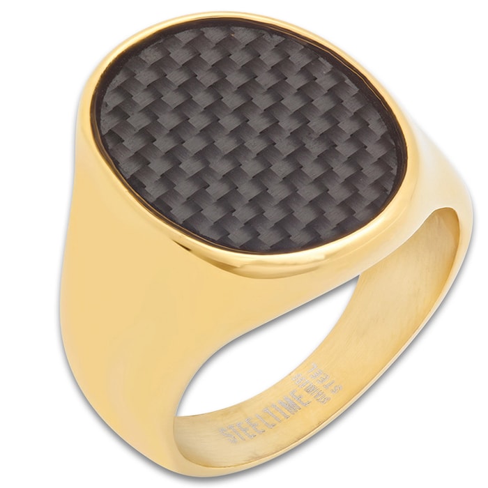 Men’s 18K Gold Plated Stainless Steel Black Carbon Fiber Ring - Lifetime Of Wear, Highly Detailed, High-Quality