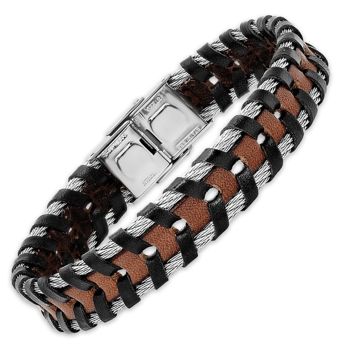 Men's Steel Cable And Leather Bracelet