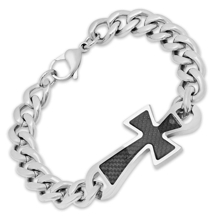 Stainless Steel Link Bracelet With Black Cross