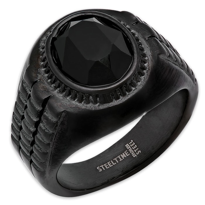 Men’s Black Stainless Steel Ring With Black Jewel Inset