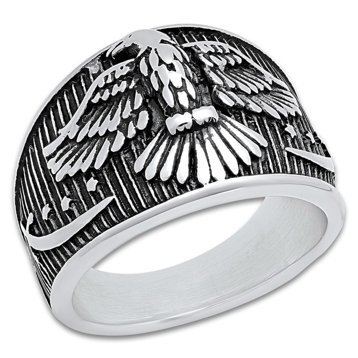 Men’s Stainless Steel American Eagle And Stars Patriot Ring - Lifetime Of Wear, Highly Detailed, High-Quality