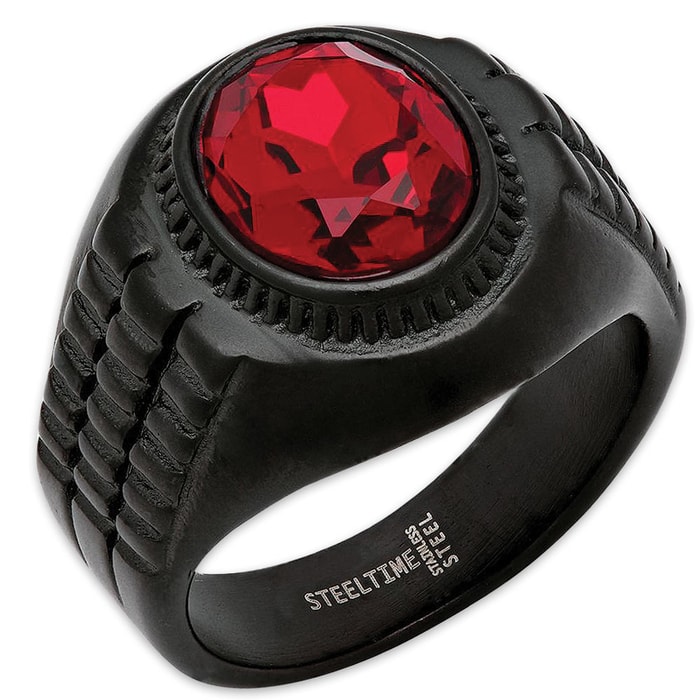 Men’s Black Stainless Steel Ring With Crimson Red Jewel Inset