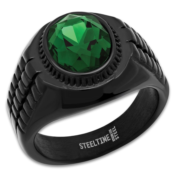 Men’s Black Stainless Steel Ring With Emerald Green Jewel Inset - Lifetime Of Wear, Highly Detailed, High-Quality