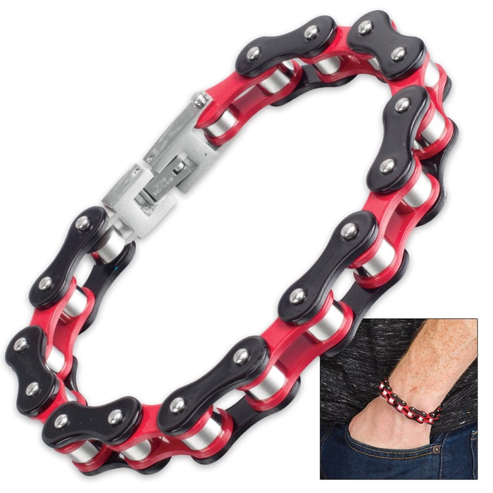 Men’s Cycle Chain Red And Black Bracelet