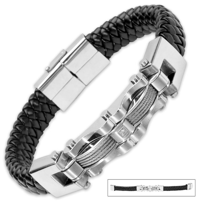 Men’s Leather Stainless Steel Bracelet With Faux Diamond