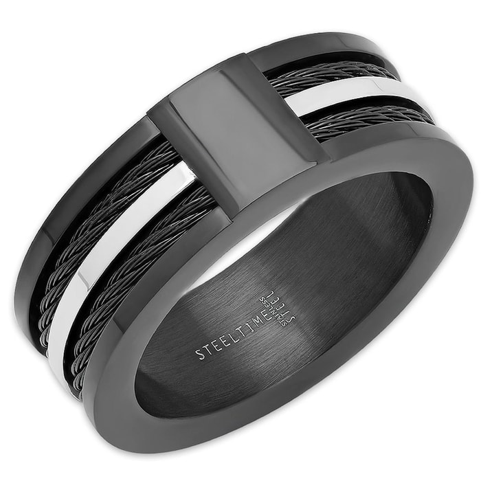 Men’s Black Stainless Steel Ring WIth Cable Accent