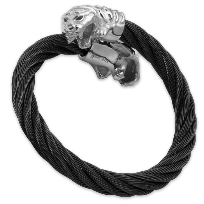 Men's Stainless Steel Jaguar Bracelet with Black Cable Band