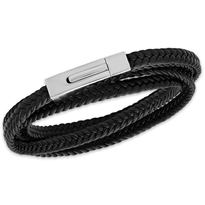 Men's Black Genuine Leather Braided Wrap Bracelet with Stainless Steel Clasp