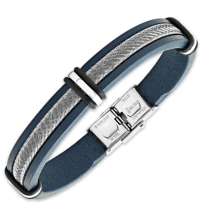Men's Dusky Blue Leather Bracelet with Stainless Steel Wire Accents