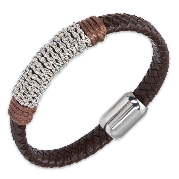 Men's Braided Genuine Leather Bracelet with Stainless Steel Rope Chain Accents