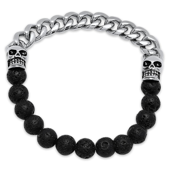 Men's Stainless Steel Skull, Chain and Black Lava Bead Bracelet