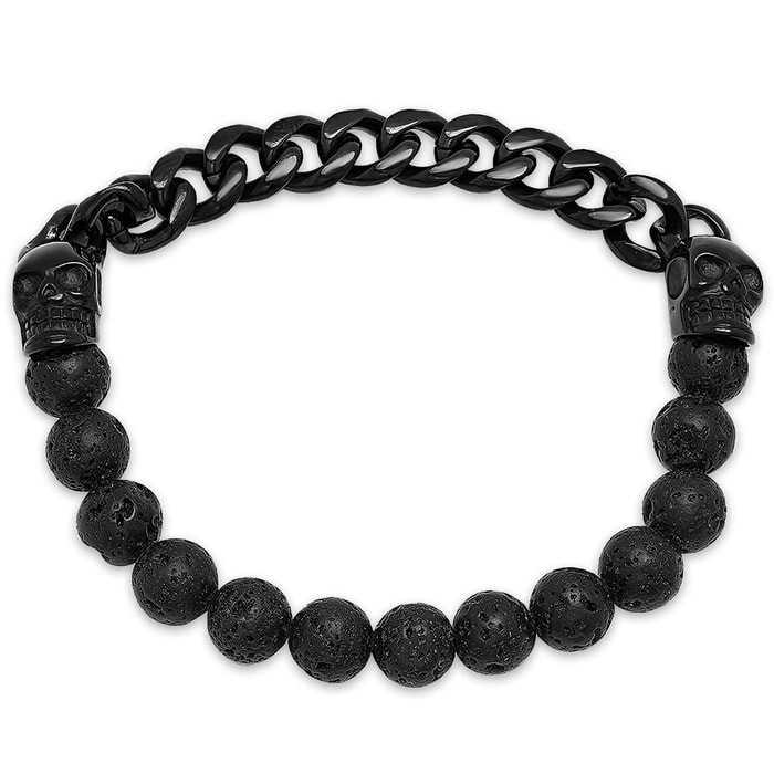 Men's Black Stainless Steel Skull, Chain and Black Lava Bead Bracelet