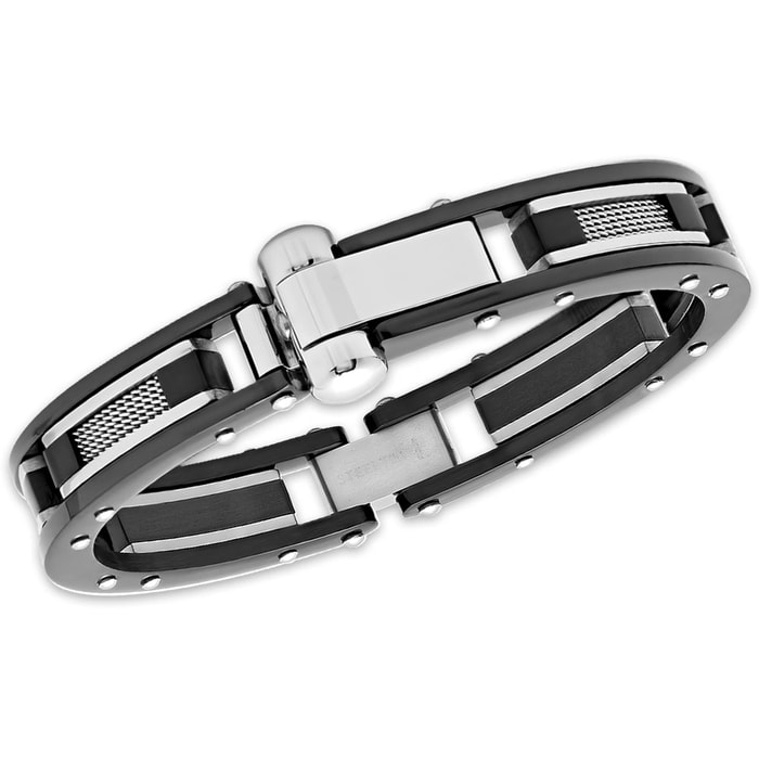 Men's Stainless Steel Bracelet - Wire Accents Inside Riveted Black Frame